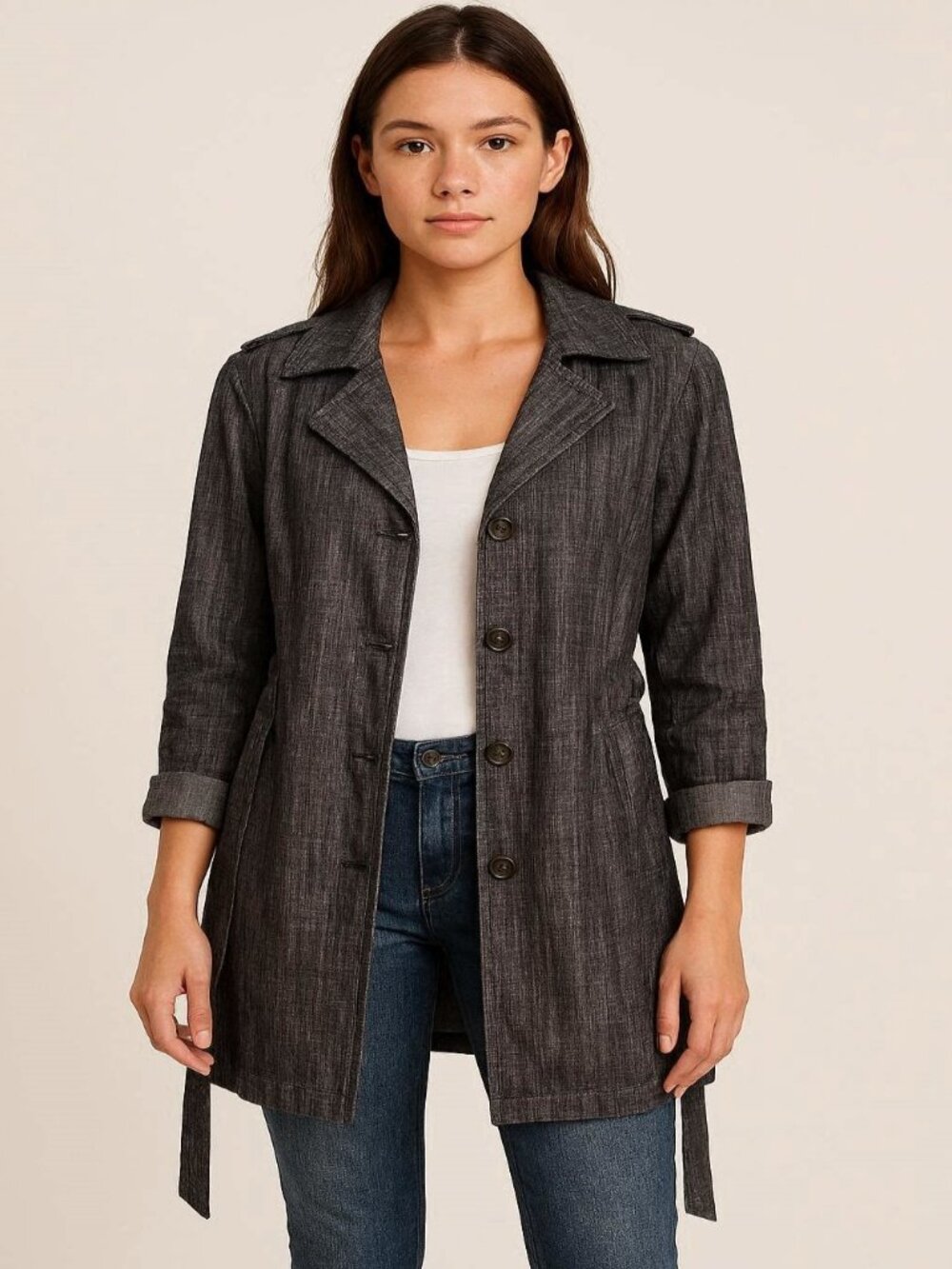 Trenchcoat Jacket Belted Size XL Grey Denim Long Sleeve Single Breasted